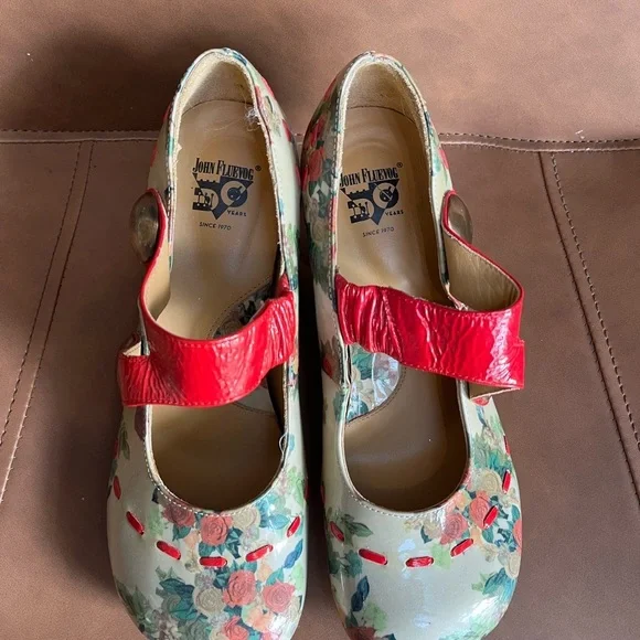 Fluevog Floral Mary Jane Heels with Red Strap - Picture 3 of 8